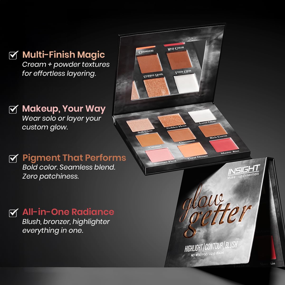 INSIGHT Glow Getter 3-in-1 Blusher, Highlighter & Contour Palette | Face Sculpting, Shimmer & Glow Makeup Compact | Long-Lasting, Travel-Friendly 28.8 g