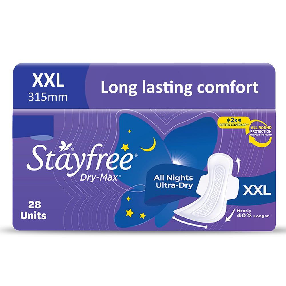 Stayfree Dry Max All Night XXL Sanitary Pads For Women | 28 Pads | Dry Cover | Provides Dry Feel for Up to 12 Hours | Super Lock Gel Pockets to Absorb Heavy Flow