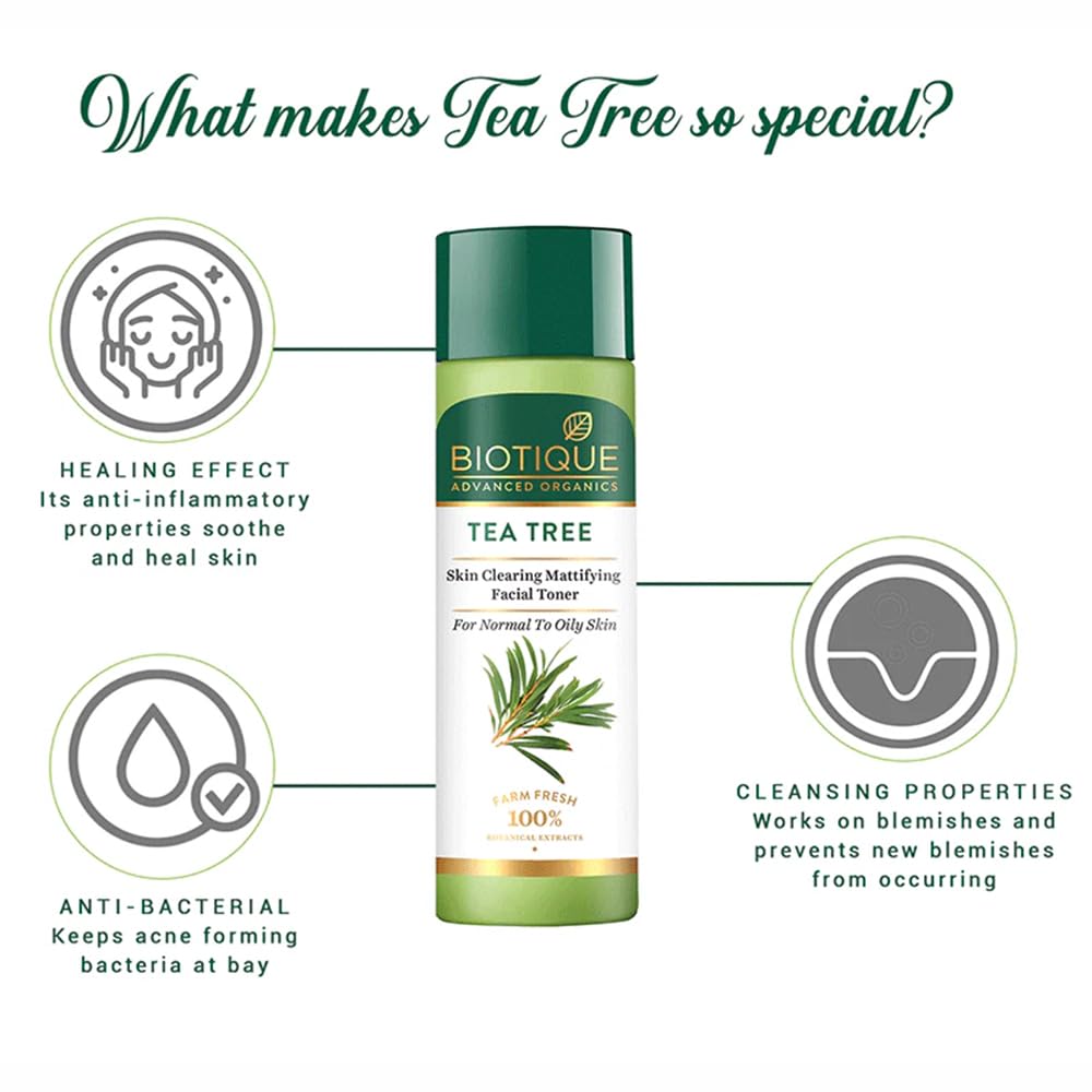 Biotique Tea Tree Skin Clearing Mattifying Facial Toner | Enriched with 100% Botanical Extracts & Tea Tree Oil | Refreshing, Alcohol-Free Formula | Ideal for Normal to Oily & Acne-Prone Skin | 120ml