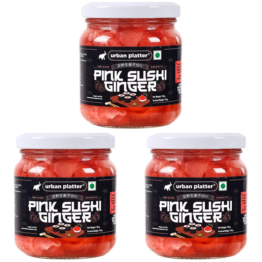 Urban Platter Pink Sushi Ginger, 190g, Drained Weight 110g [Gari, Japanese Style Pickled Ginger, Sushi Ingredient, Thinly Sliced, Perfectly Aromatic] (Pack of 3)