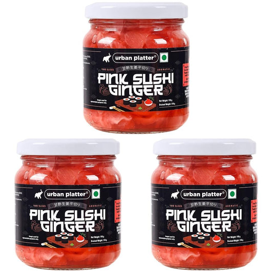 Urban Platter Pink Sushi Ginger, 190g, Drained Weight 110g [Gari, Japanese Style Pickled Ginger, Sushi Ingredient, Thinly Sliced, Perfectly Aromatic] (Pack of 3)