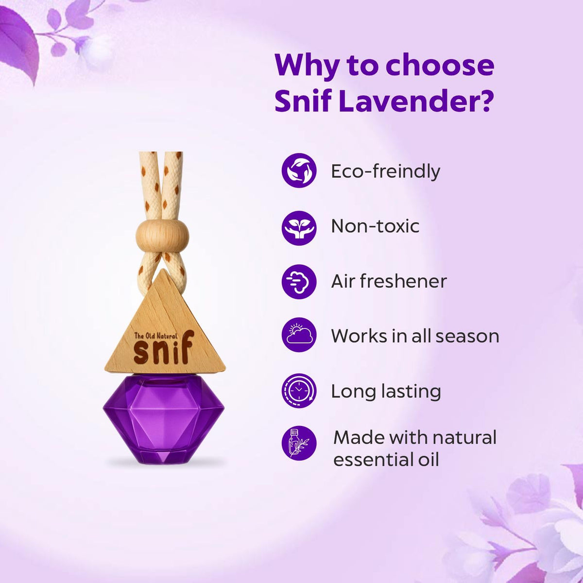 The Old Natural Snif Diamond Hanging oil Car Perfume | Car Air Freshener with Refill Pack (Lavender Love 10ml + 15ml Refill Pack)