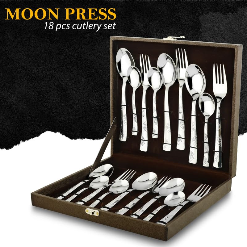 Parage 18 Pieces Premium Stainless Steel Cutlery Set, Home & Kitchen with Gift Box (6 Pieces Each Table Spoons, Table Forks & Tea Spoons) with Leatherite Box
