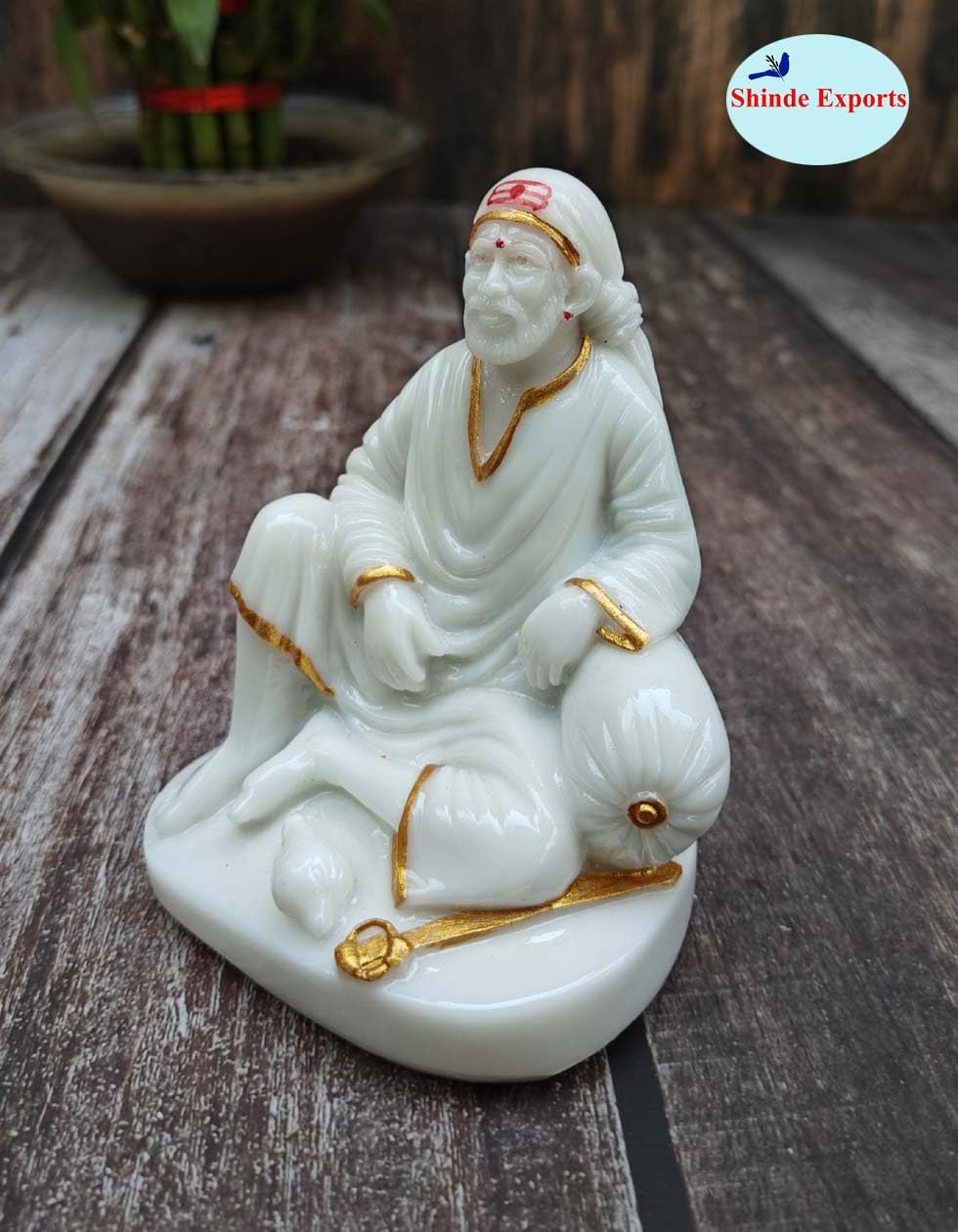 SHINDE EXPORTS shirdi saibaba Idol Marble/saibaba Idol for car Dashboard 11 cm (White Golden jari dwarkamai)