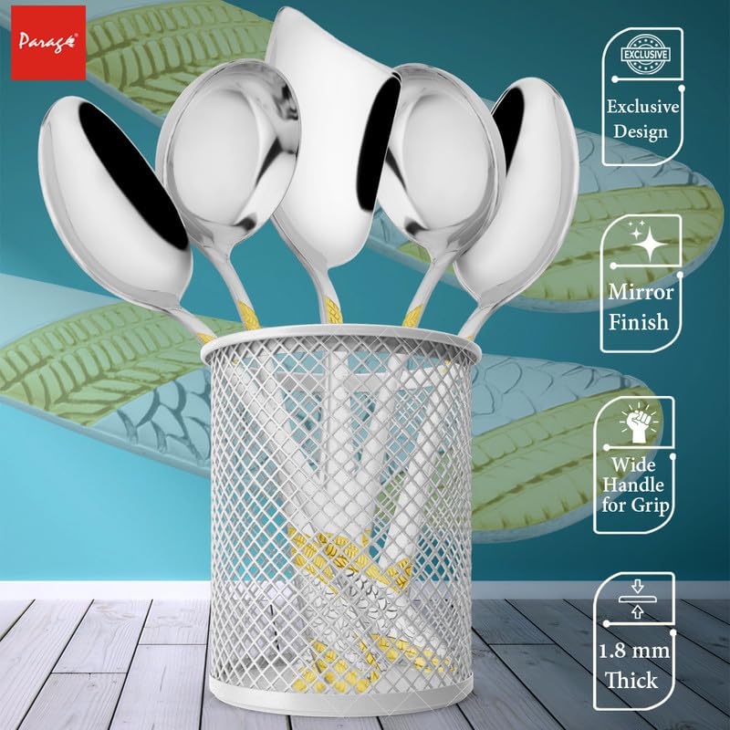 Parage 5 Pieces Stainless Steel Golden Serving Spoon Set for Dining Table/Kitchen, 1.8 mm Heavy Gauge (2 Soup Ladle (Karchi), 2 Solid Spoon (Chamcha), 1 Rice Spoon), 24k Gold (Pack of 5)