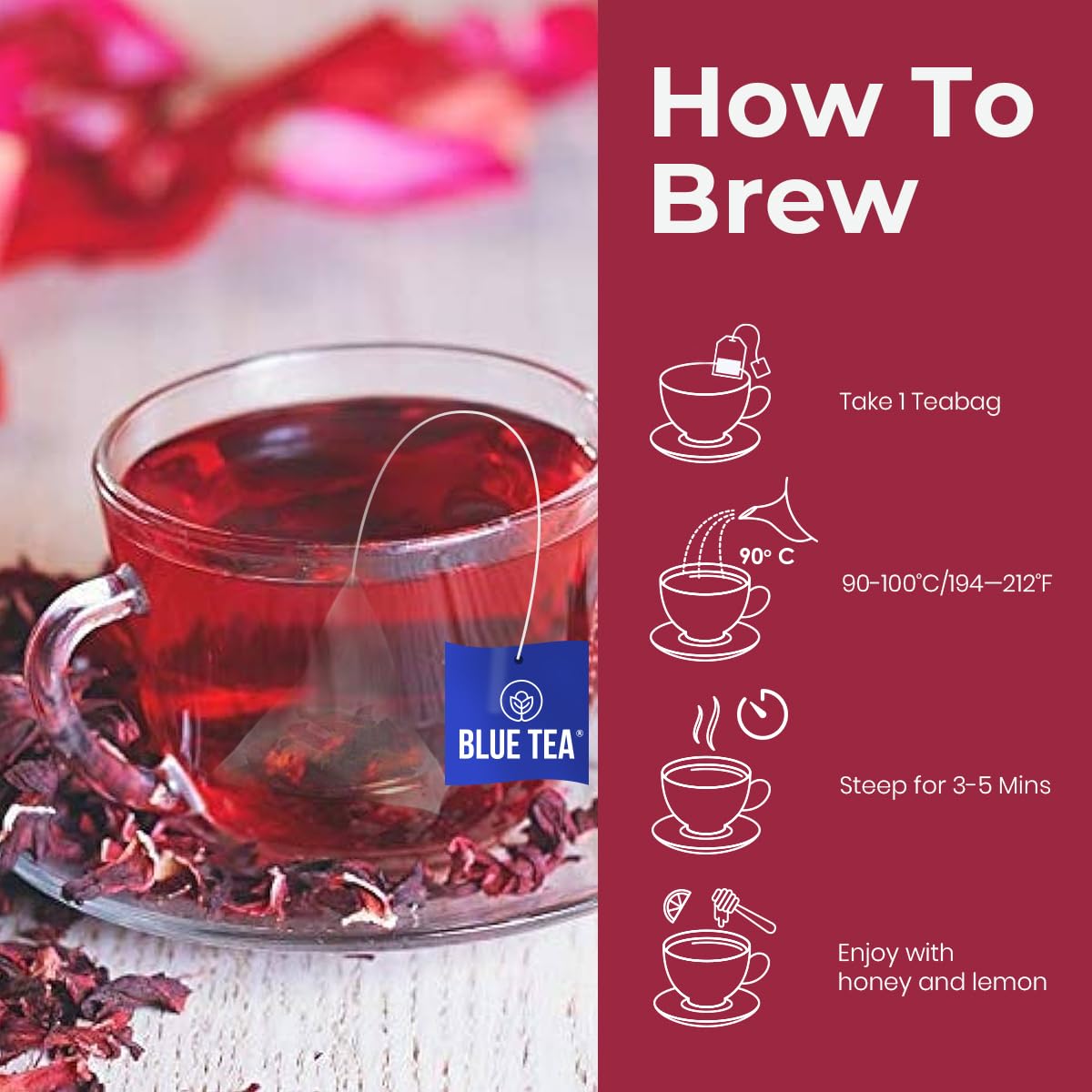 BLUE TEA - Hibiscus Rose Tea - 60 Tea Bags - Plant Based | SKIN GLOW ENHANCING TEA | Caffeine Free - Flower Based - Tangy Flavor - Vegan - Gluten Free - Herbal Tea | Ziplock Pouch