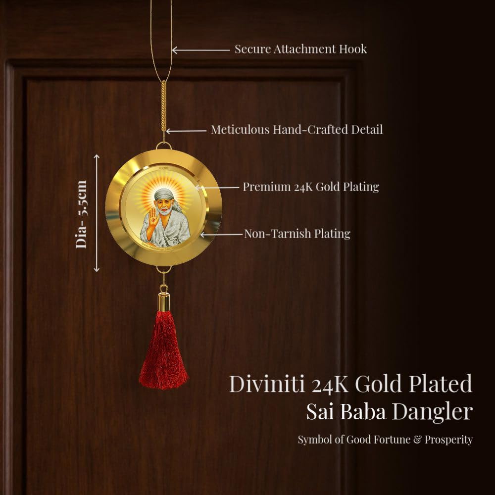 Diviniti 24K Gold Plated Sai Baba Double Sided Hanging with Sabka Malik Ek Mantra for Home Entrance Door, Vastu Spiritual Decor, Religious Hanging, Blessings & Positive Energy Gift Item