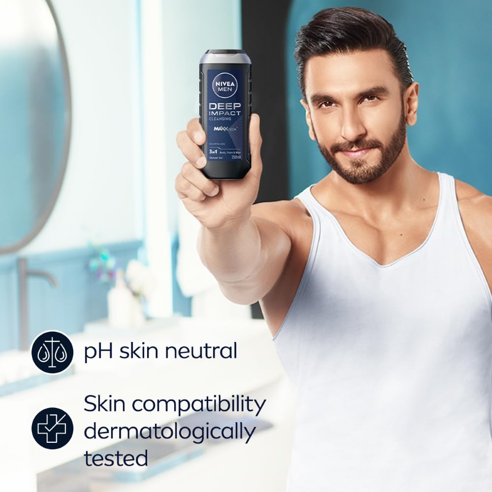 Nivea Men Body Wash, Deep Impact, 3 In 1 Shower Gel For Body, Face & Hair, With Microfine Clay, 250ml