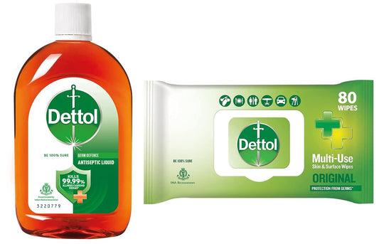 Dettol Disinfectant Sanitizer Wet Wipes for Skin & Surfaces, Original – 80 Count & Dettol Antiseptic Liquid for First Aid, Surface Disinfection and Personal Hygiene, 250ml