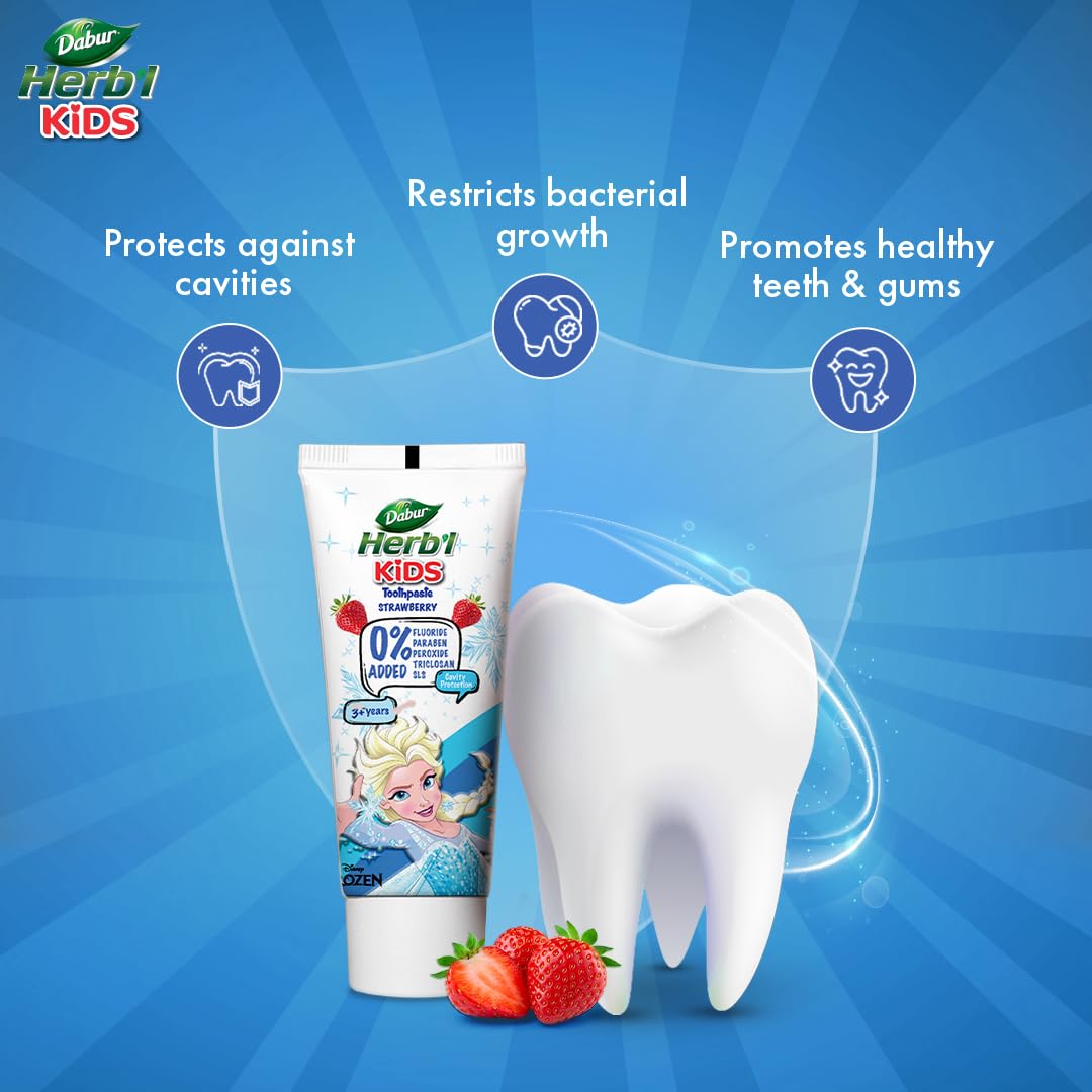 Dabur Herb'l Kids Elsa Frozen Toothpaste | 160g (Pack of 2 x 80g) | 3+ Years | Strawberry Flavour | No added chemicals | Cavity protection | Healthy Gums | SLS & Flouride free