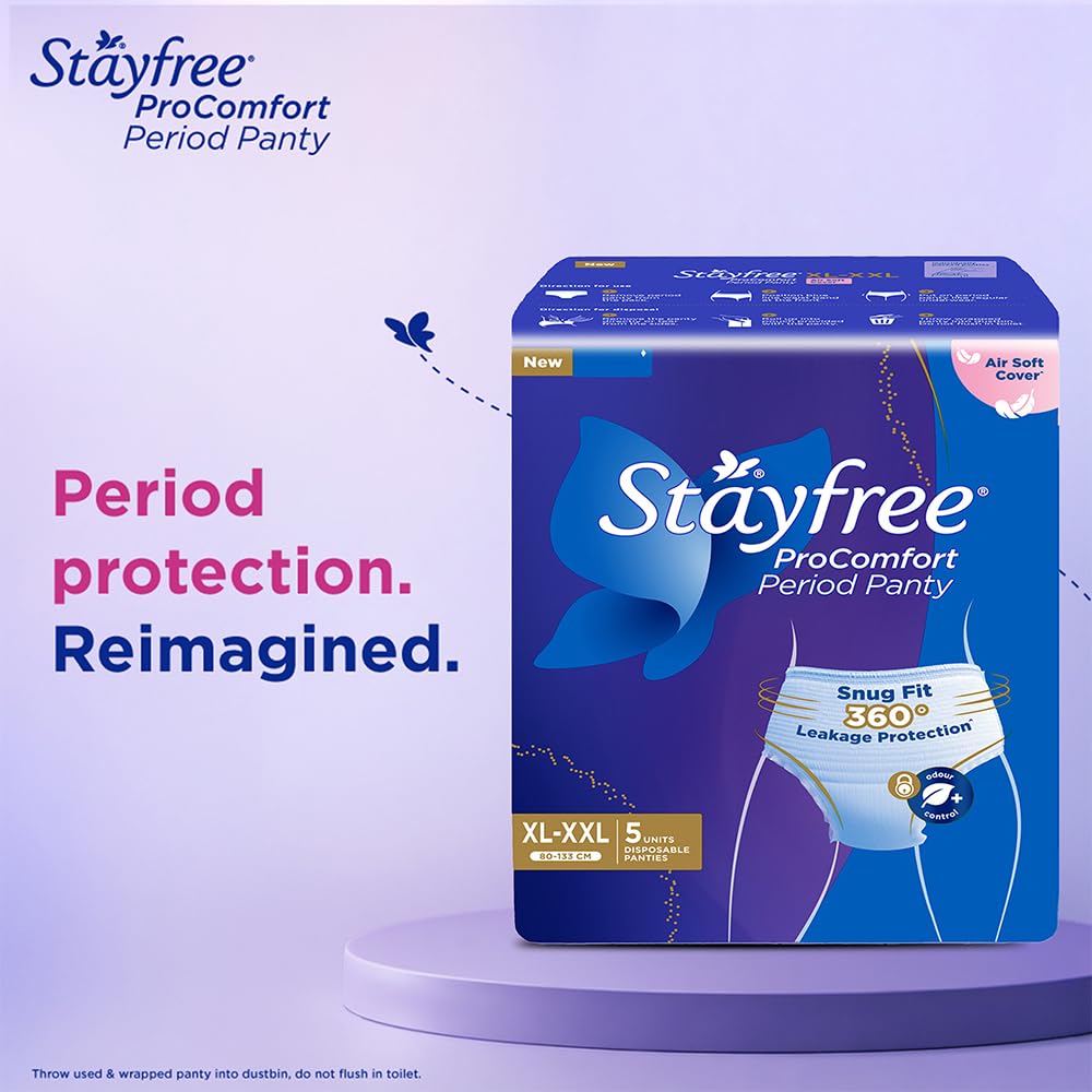 Stayfree ProComfort Period Panty for Women | Disposable Period Pants Pack of 5, XL - XXL | Air Soft Cover | 360° Leakage Protection for Heavy Flow | Snug Fit | Odour Control