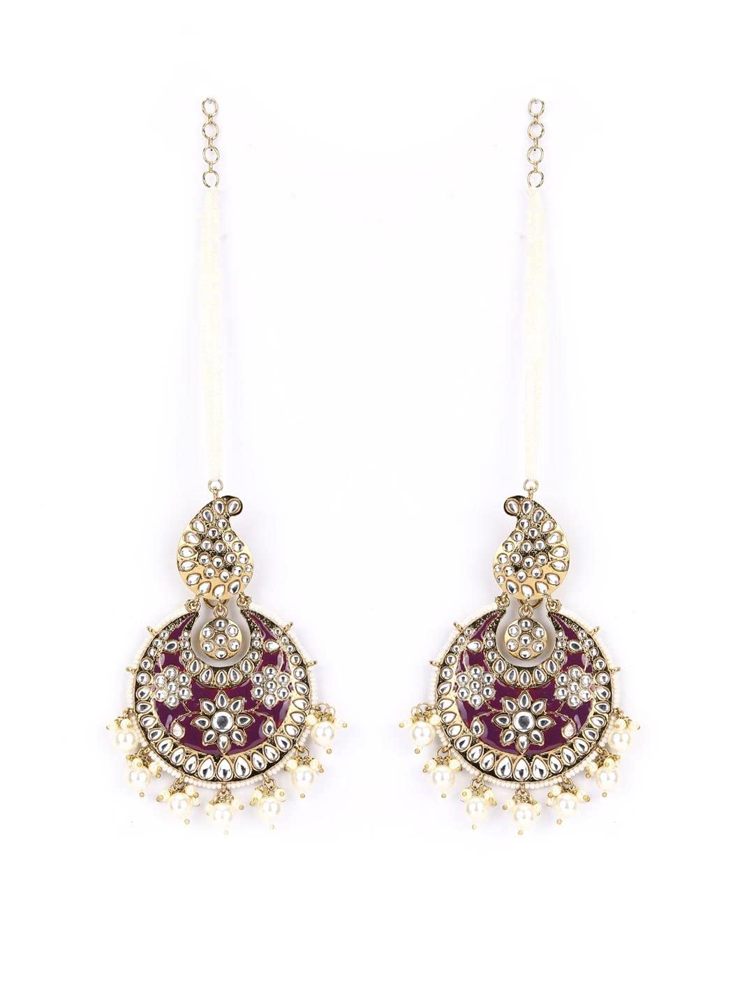 Priyaasi Maroon Kundan Beads Pearls Gold Plated Jhumka Earring, Rani, One Size, (EAR-PR-50642)