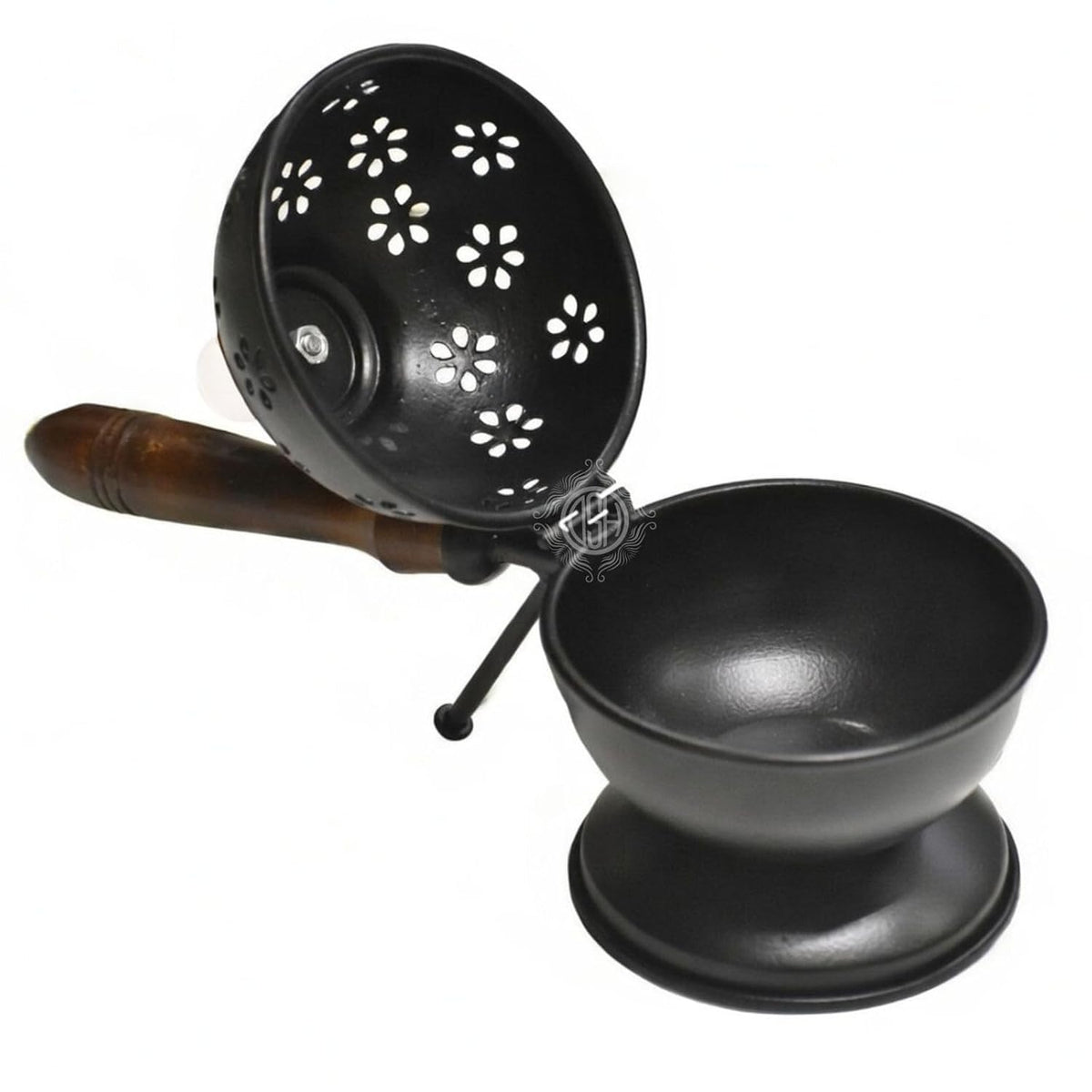 DSH Metal Loban Dani with Wooden Handle Round Dhoop Dani Incense Burner for Bakhoor, Sambrani, Puja & Home Fragrance (LBN-DOM-Black)
