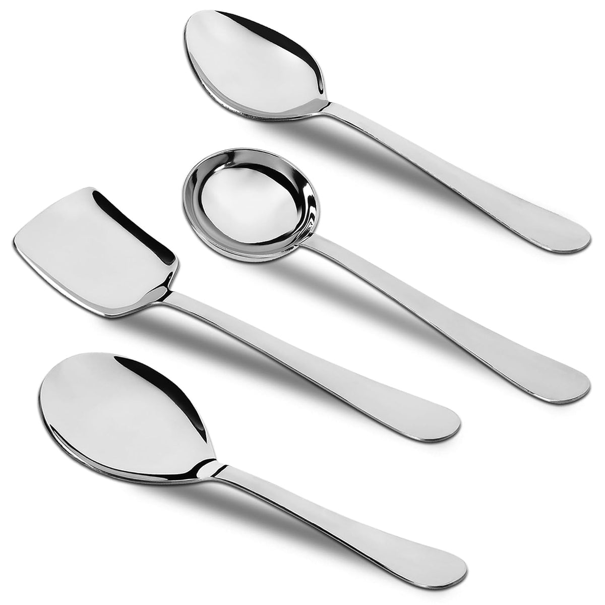 Parage 4 Pieces Stainless Steel Serving Spoons Set for Dining Table/Kitchen, 1.8 mm Heavy Gauge (1 Soup Ladle (Karchi), 1 Solid Spoon (Chamcha), 2 Rice/Serving Spoons), Silver (Pack of 4)