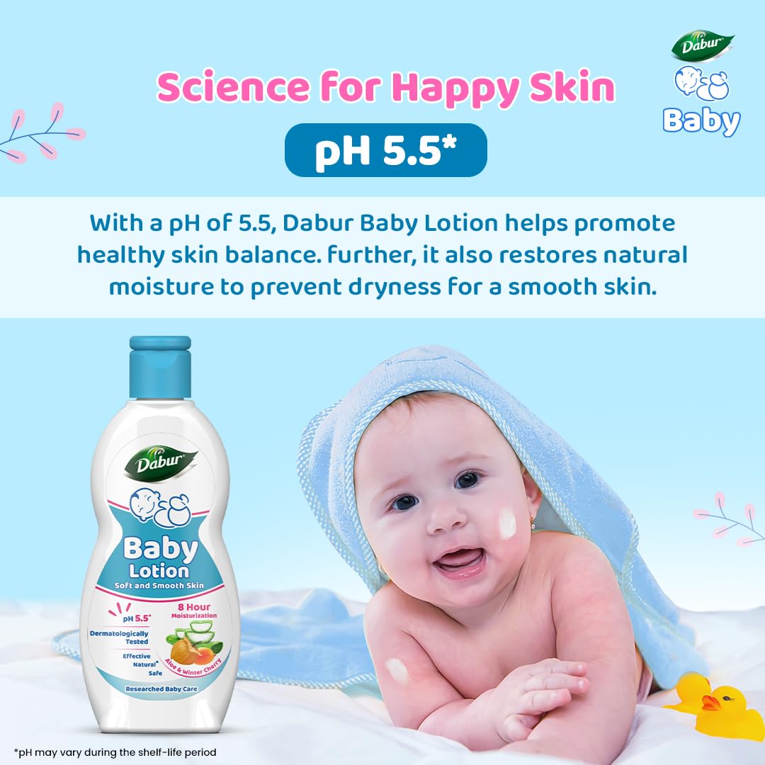 Dabur Baby Lotion: pH 5.5 Balanced for baby skin | No Harmful Chemicals | Contains Aloe Vera, Licorice and Almonds | Hypoallergenic and Dermatologically Tested | No Paraben and Phthalates - 200 ml