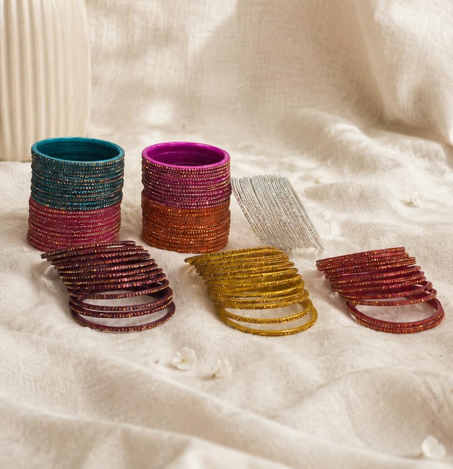 NMII Glass with Plain and Glossy Finished Bangle Set For Women and Girls