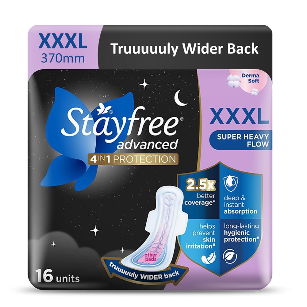 Stayfree Advanced XXXL Thin Sanitary Pads for Women | 16 Soft Cotton Pads for All Night Ultra Comfort | Absorbs 2x More with Wider Back | Prevent Rashes | Odour Control