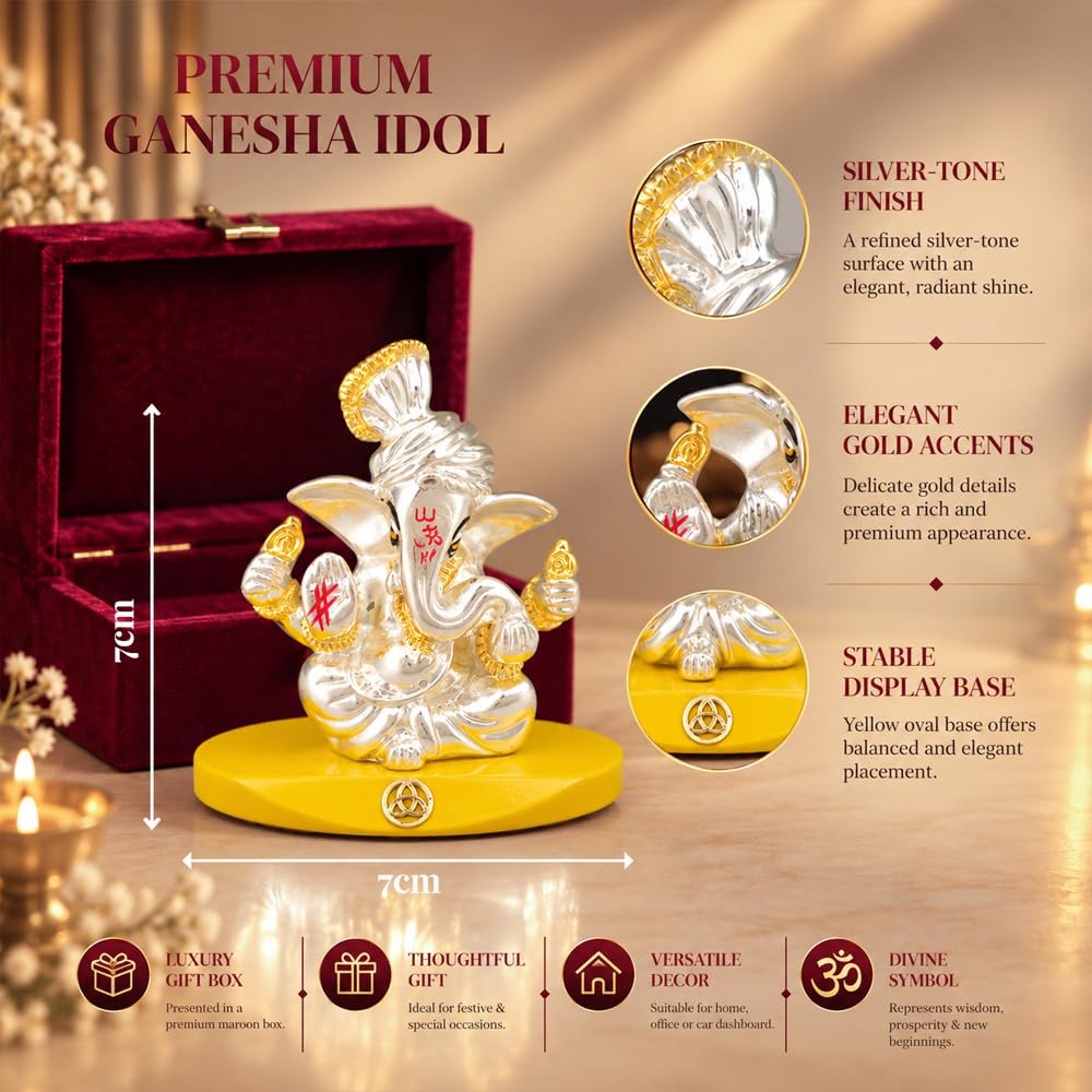 DIVINITI Pagdi Ganesha Idol with Silver-Tone Finish & Gold Accents | Lord Ganesh Showpiece with Yellow Display Base & Premium Gift Box | Home, Office, Car Dashboard & Gifting | 7 x 7 cm