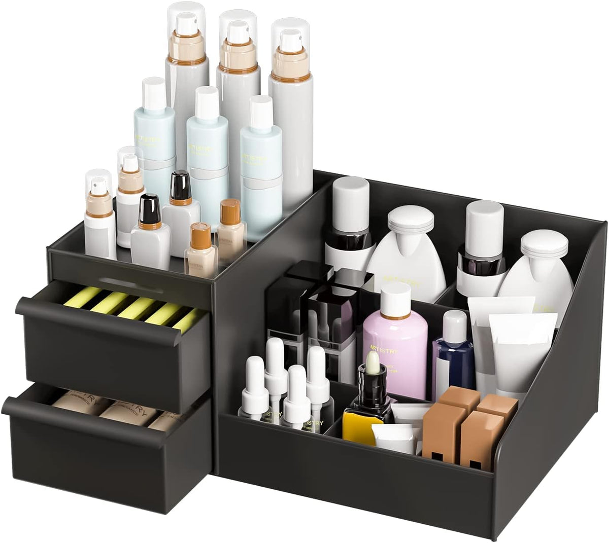 E-COSMOS Large Capacity Cosmetic Storage Box Makeup Drawer Organizer Jewelry Nail Polish Makeup Container Desktop Sundries Storage Box, Plastic (Black)