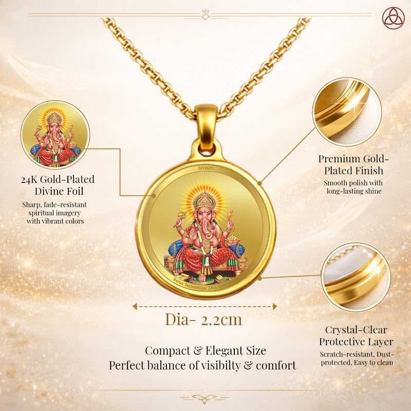 DIVINITI 24K Gold Plated Lord Ganesha & Yantra Double-Sided Pendant with Premium Gift Box, 22 mm Hindu Religious Locket, Luxury Spiritual Jewellery Gift for Men & Women