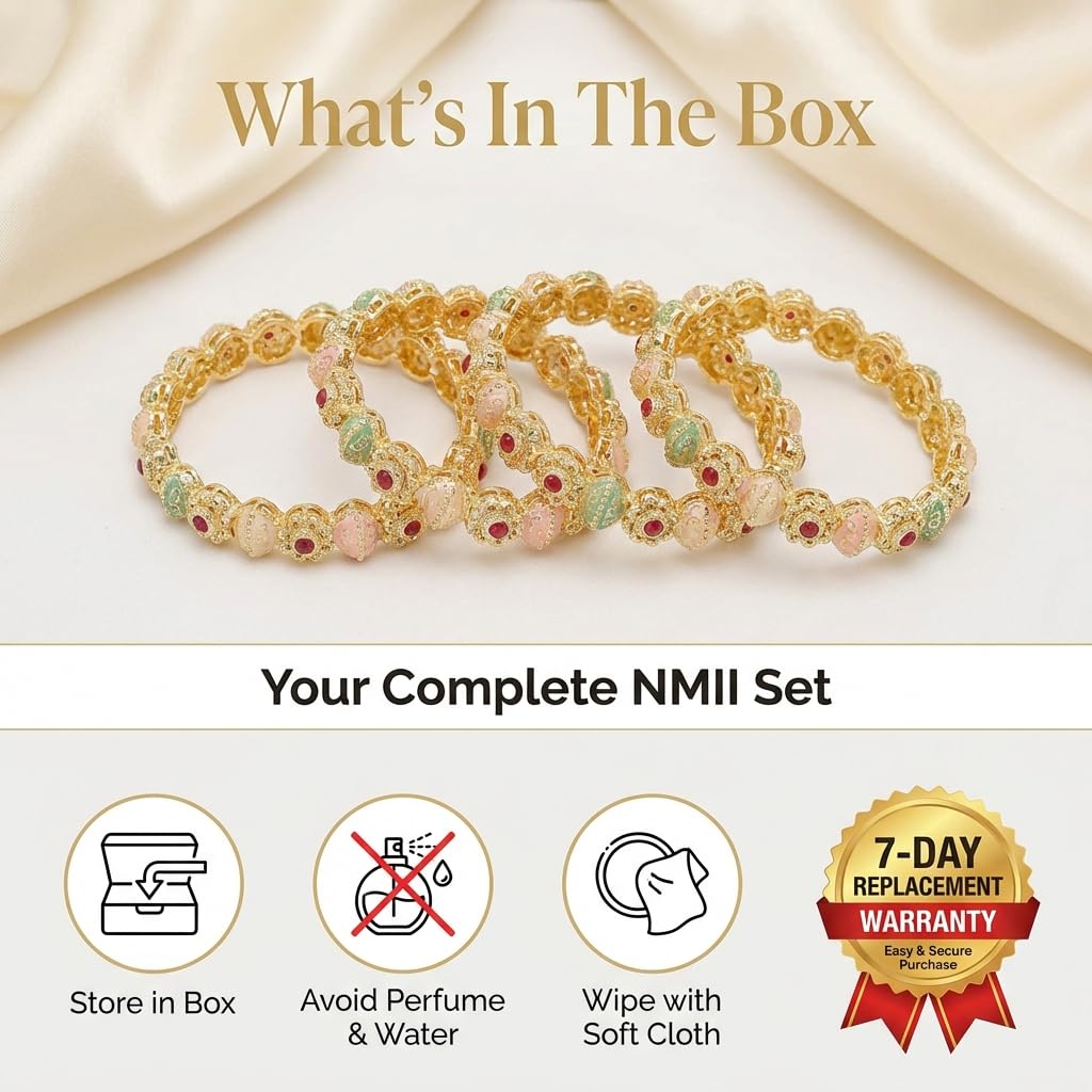 NMII Traditional Gold Plated Metal with Red Zircon GemStone Bangles Set For Girls & Women | Premium Rajwadi Kangan Set | Girl's Bangles Bracelet | Stylish Kada For Women