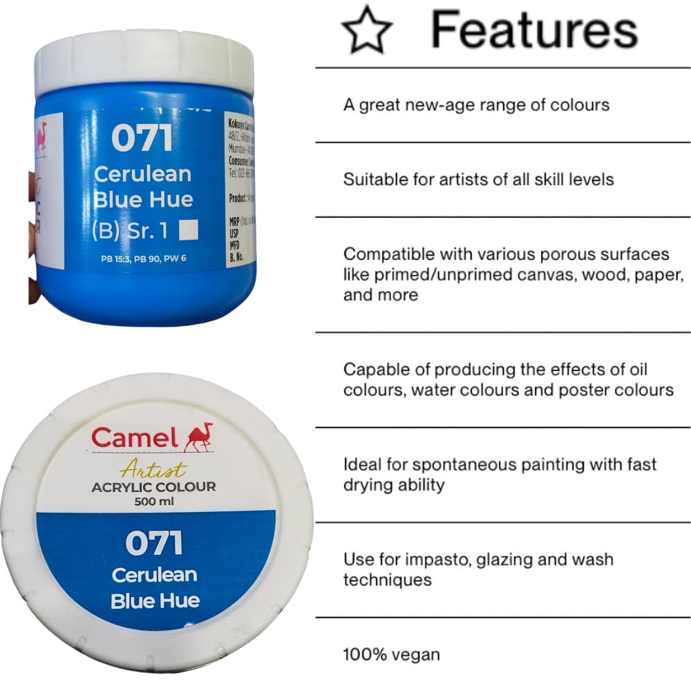 Camel Camlin Kokuyo Artist Acrylic Colour 500 ml Series 1 Cerulen Blue Hue