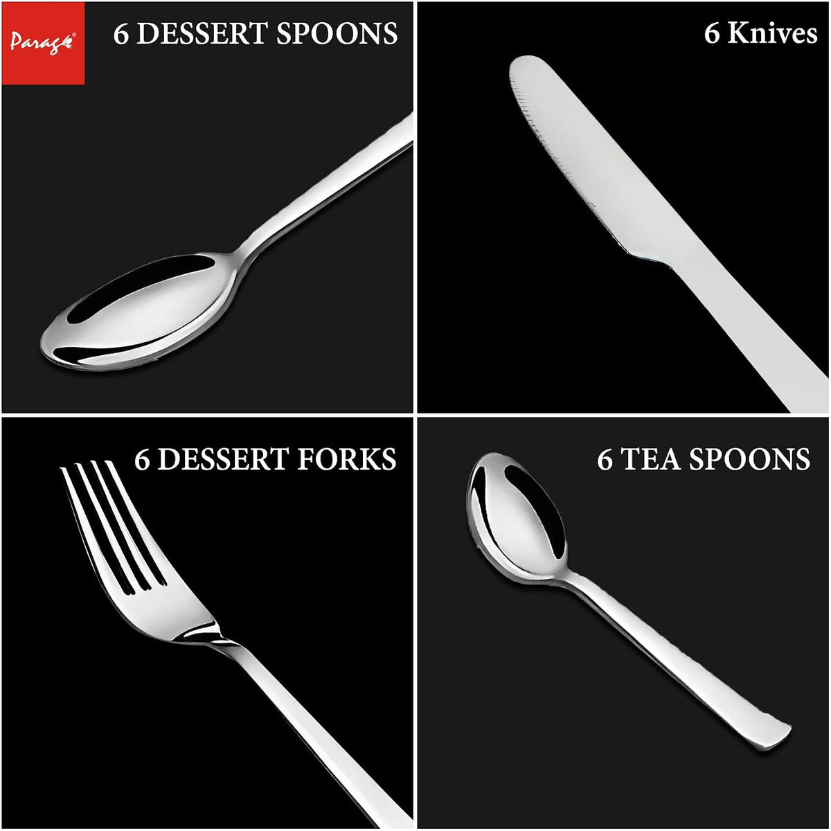 Parage Fantasy Stainless Steel Cutlery Set - Set of 25 (Contains: 6 Table Spoons, 6 Tea Spoons, 6 Forks, 6 Knives, 1 Stand), Spoon Set, Cutlery Set for Dining Table Stylish, Silver