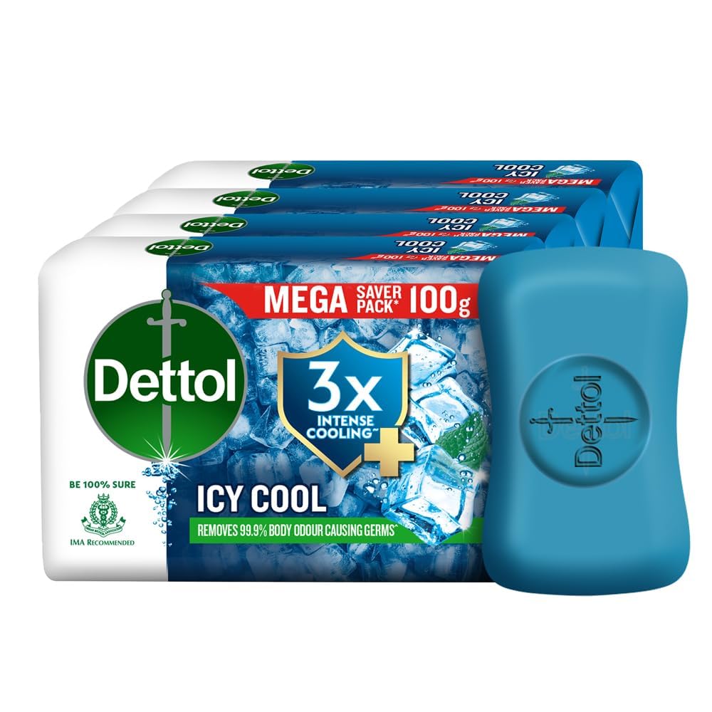 Dettol Icy Cool Bathing Soap Bar With 3x intense cooling (400gm), 100gm - Pack of 4
