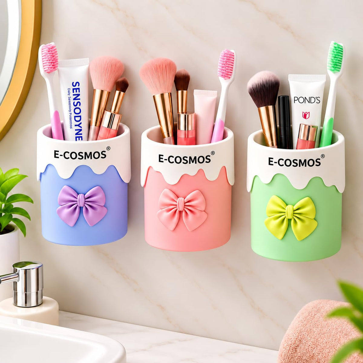 E-COSMOS® Wall Mounted Cosmetic Organizer Cup with Bow Design, Makeup Brush Holder, Toothbrush Holder, Desk Storage Container for Bathroom, Dressing Table & Stationery, Pastel Colors