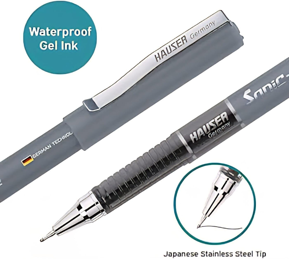 Hauser Sonic X Gel Pen-Waterproof Ink- Pack of 30 (Blue-20, Black-5, Red-5)| Low Viscosity Ink For Smooth & Break-Free Writing| Ergonomic Comfortable Grip For Long Writing| Sturdy Body & Refillable