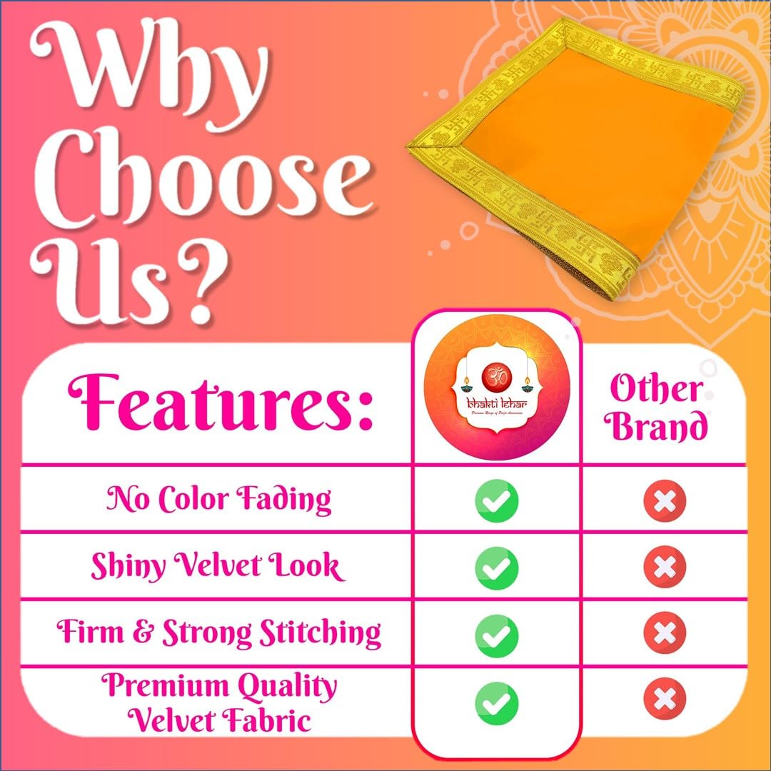 Bhakti Lehar Orange Velvet Pooja Cloth | Aasan for God Idol Sitting, Mandir Shelf, Puja Chowki Table and Home Temple Decoration - Pack of 4 (18 x 24 Inch)