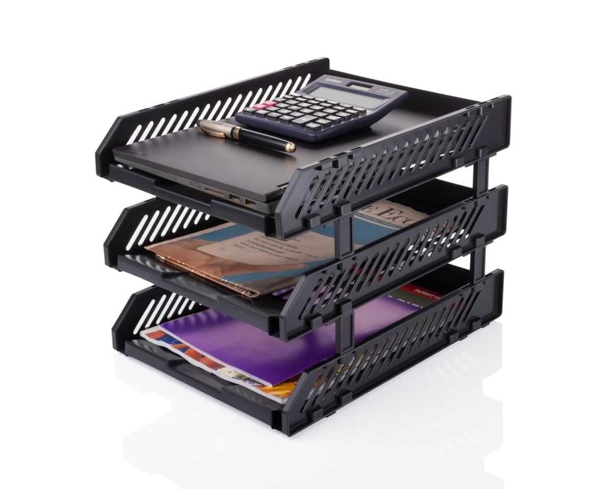 E-COSMOS® File Tray Rack ABS Plastics | Foldable Office Desk Accessories | Durable & Sturdy | Easy Assembly | Efficient Organizer | Plastic Office Stationery Files Layer Rack (3 Layer)