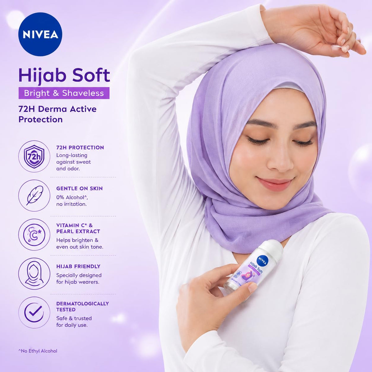 NIVEA Hijab Soft Bright & Shaveless Anti-Perspirant Roll-On for Women, 72H Protection, Vitamin C & Pearl Extract, 0% Alcohol, 50 ml