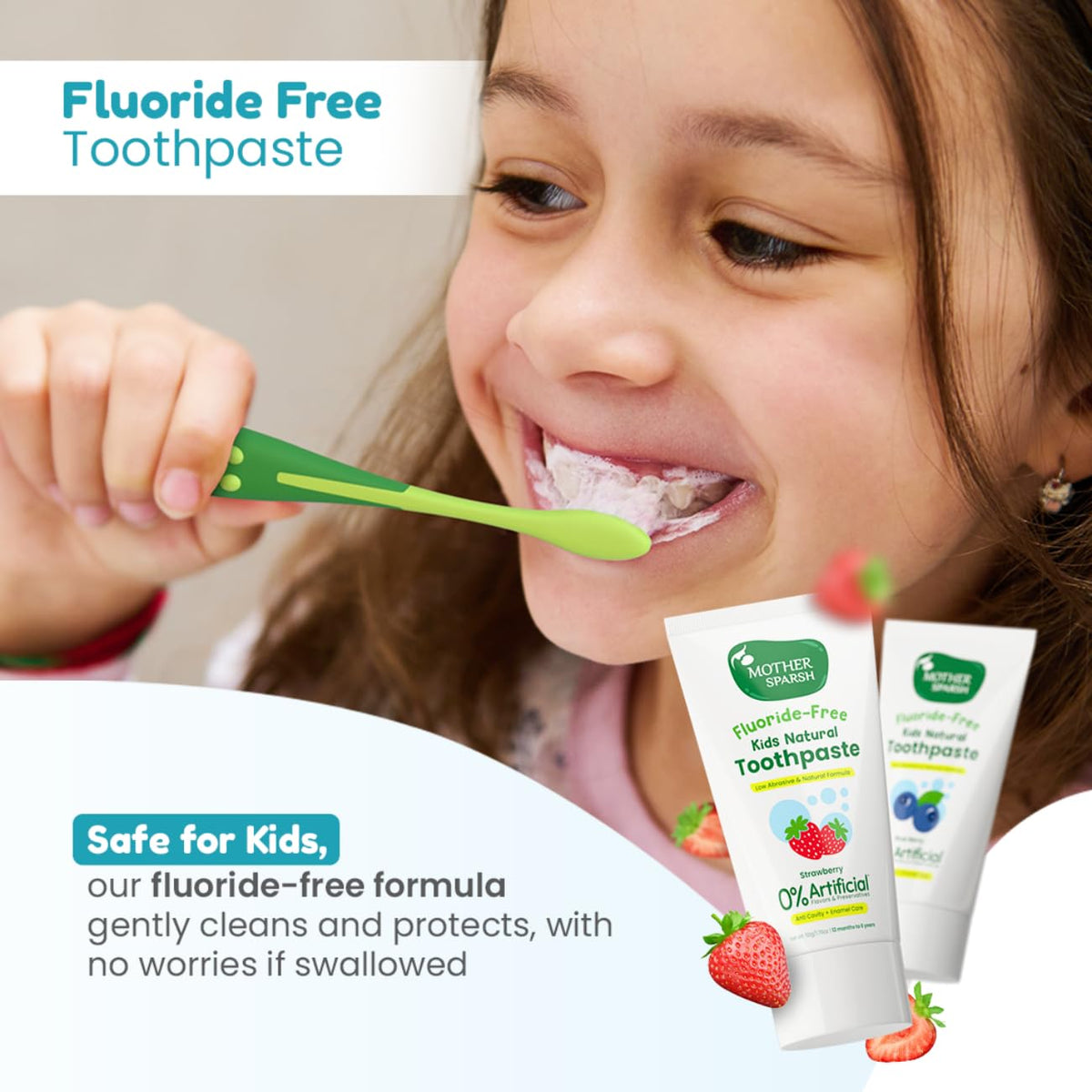 Mother Sparsh Natural Toothpaste for Kids Strawberry+Blueberry (Pack of 2, 50g each) , Strengthens Gums, Whitens Teeth | Baby Toothpaste Free from Preservatives & Fluoride