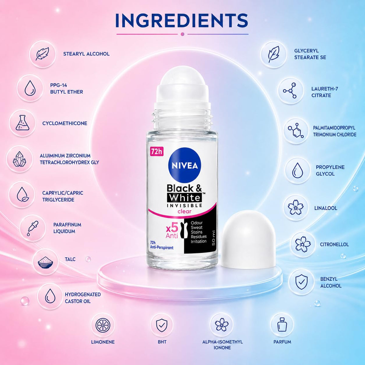 Nivea Black & White Invisible Clear Anti-Perspirant Roll On 50ml | 5 in 1 Protection with 72H Sweat & Odor Control | Anti Stain Deodorant for Women