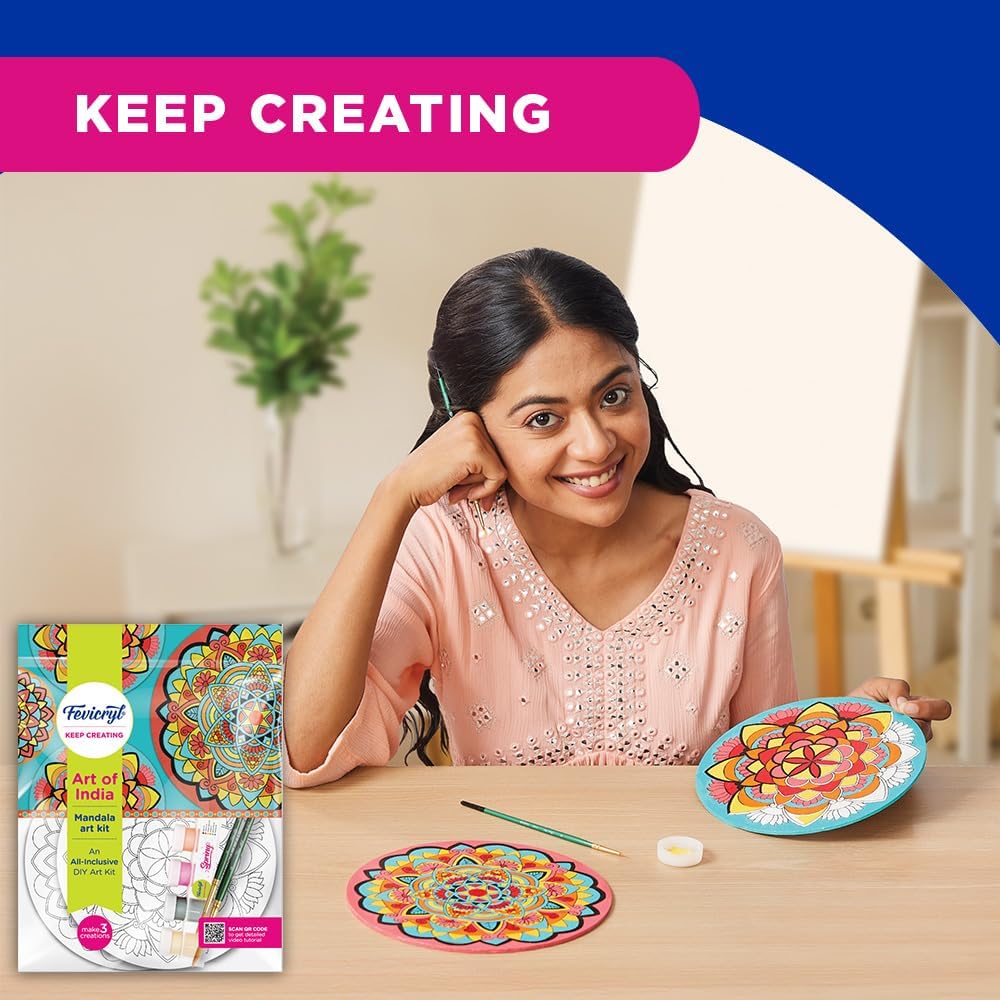 Fevicryl DIY Art of India Mandala Art kit | Acrylic Paints 6 Shades| Set of 2 Round Brushes | 3 Pre-Designed MDF Board | for Artists, Students, Children | Ideal for Festive Gifting
