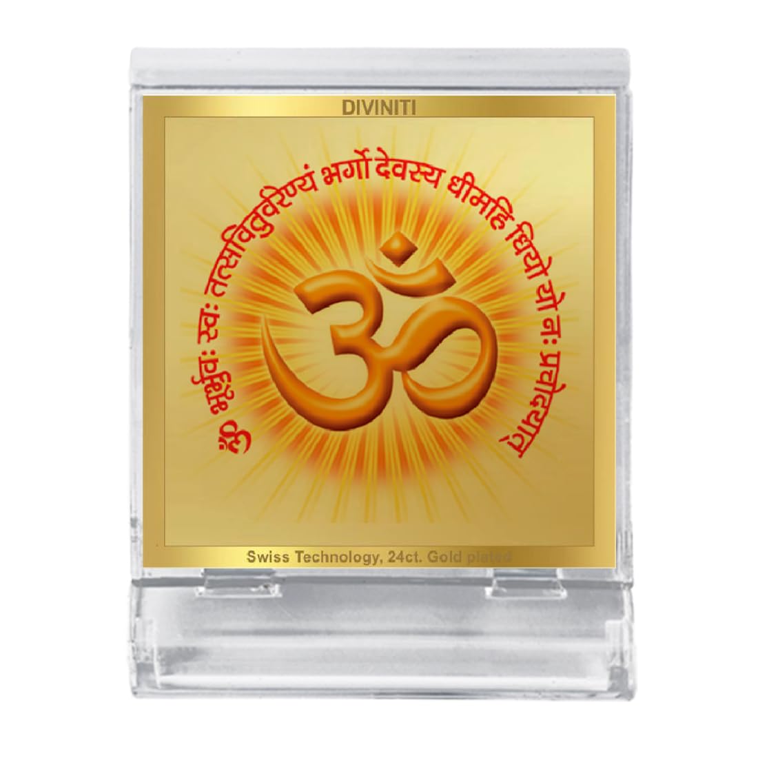 DIVINITI 24K Gold Plated Religious Car Dashboard Frame | Premium God Idol Frame for Car, Home Mandir & Office Table | Spiritual Gift, Decorative Showpiece | Om Gayatri Mantra