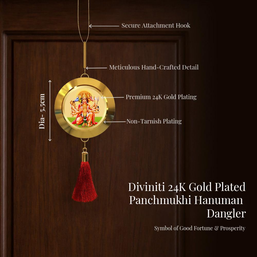 Diviniti 24K Gold Plated Panchmukhi Hanuman Double Sided Hanging with Yantra for Home Entrance Door, Vastu Protection Decor, Religious Hanging, Positive Energy & Spiritual Gift Item