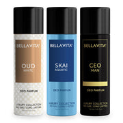 Bella Vita Luxury Woody Body Parfum Deo Spray Combo Pack Of 3 X 150 Ml, No Gas Long Lasting Premium Fragrance Deodorant With Tonka For Unisex, Orange, Bergamot And Lavender