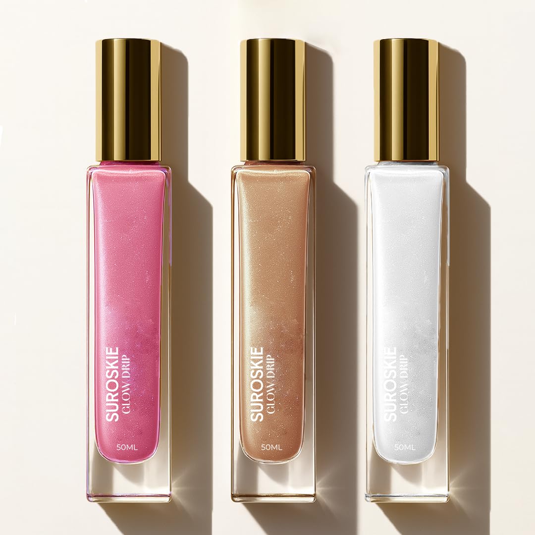 Suroskie Glow Drip Golden Hour, Silver & Pink Luxe 50Ml Each, (Pack Of 3 With Brush) | Shimmer For Radiant & Luminous Skin | Non-Greasy & Quick Absorbing Body Highlighter | Body Shimmer For Women