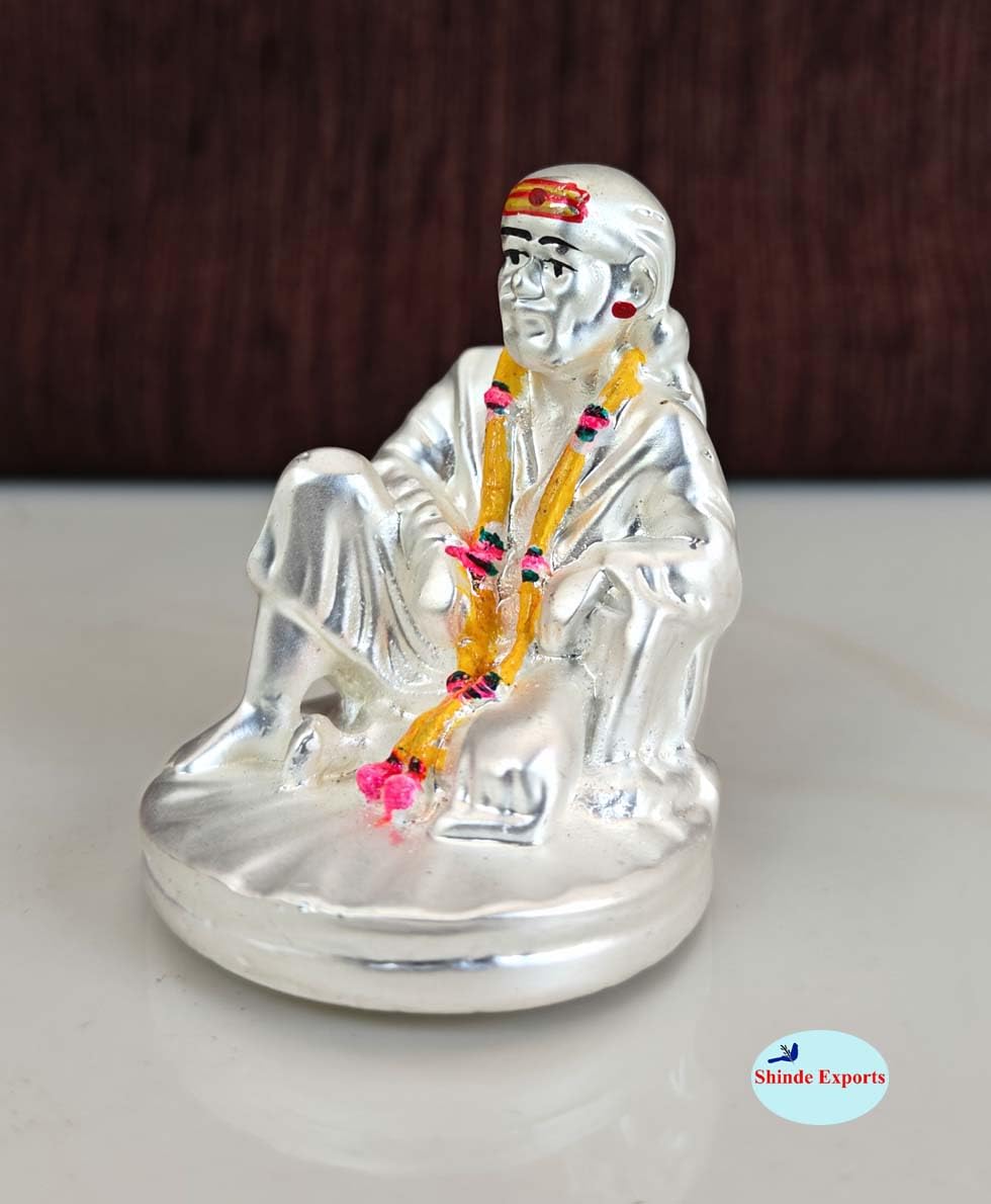 SHINDE EXPORTS Gold Silver Plated Shirdi Saibaba Marble Idol Statue Small 4.5m (Silver Plated)