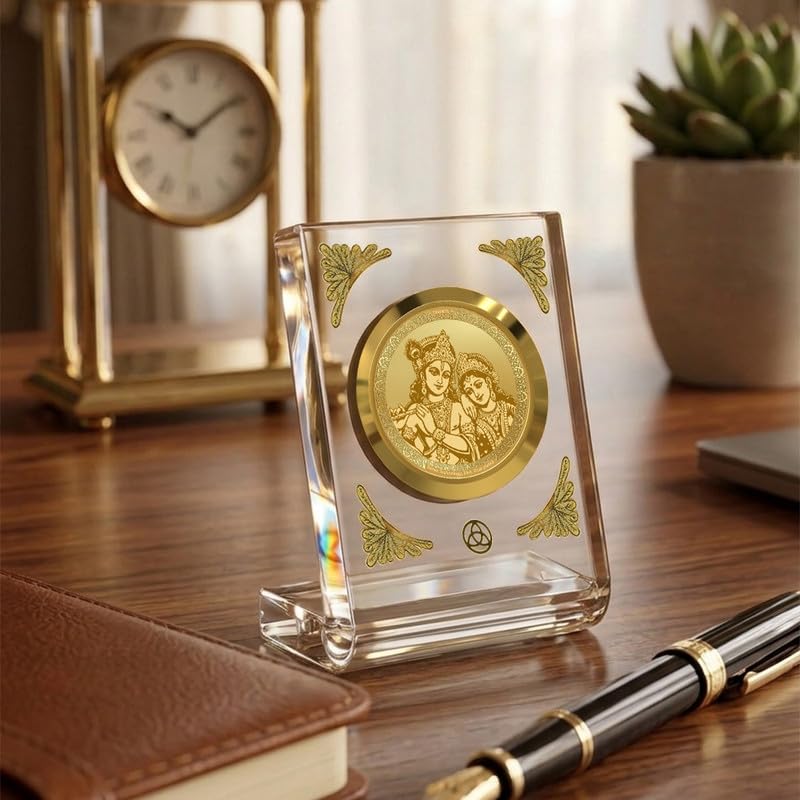 DIVINITI 24K Gold Plated Radha Krishna Acrylic Frame for Car Dashboard, Home Temple & Office Table | Premium Spiritual Gift, Blessings for Protection & Positivity, 8x7 cm Decorative Showpiece