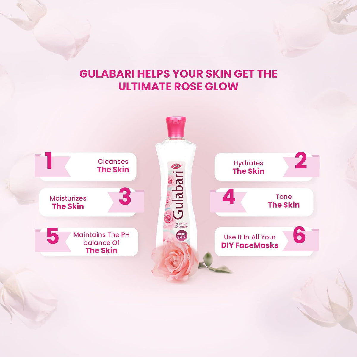 Dabur Gulabari Premium Rose Water - 400ml (Pack of 6) | With No Paraben | Cleanses, Hydrates & Moisturises Skin | Balances & Restores Skin's pH Levels | For All Skin Types