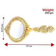 KridayKraft Beautifully Carved Round Shape Framed Gold Plating Metal Hand Mirror For Makeup, Travelling, Salon Mirror & Decorative Mirror Antique Item For Wedding Gifts.