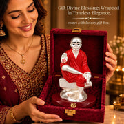 DIVINITI Premium Sai Baba Idol with Silver-Tone Finish & Red Accents | Shirdi Sai Baba Showpiece with Blessing Hand, Decorative Base & Premium Gift Box | Home, Mandir, Office & Gifting | 9 x 6.5 cm
