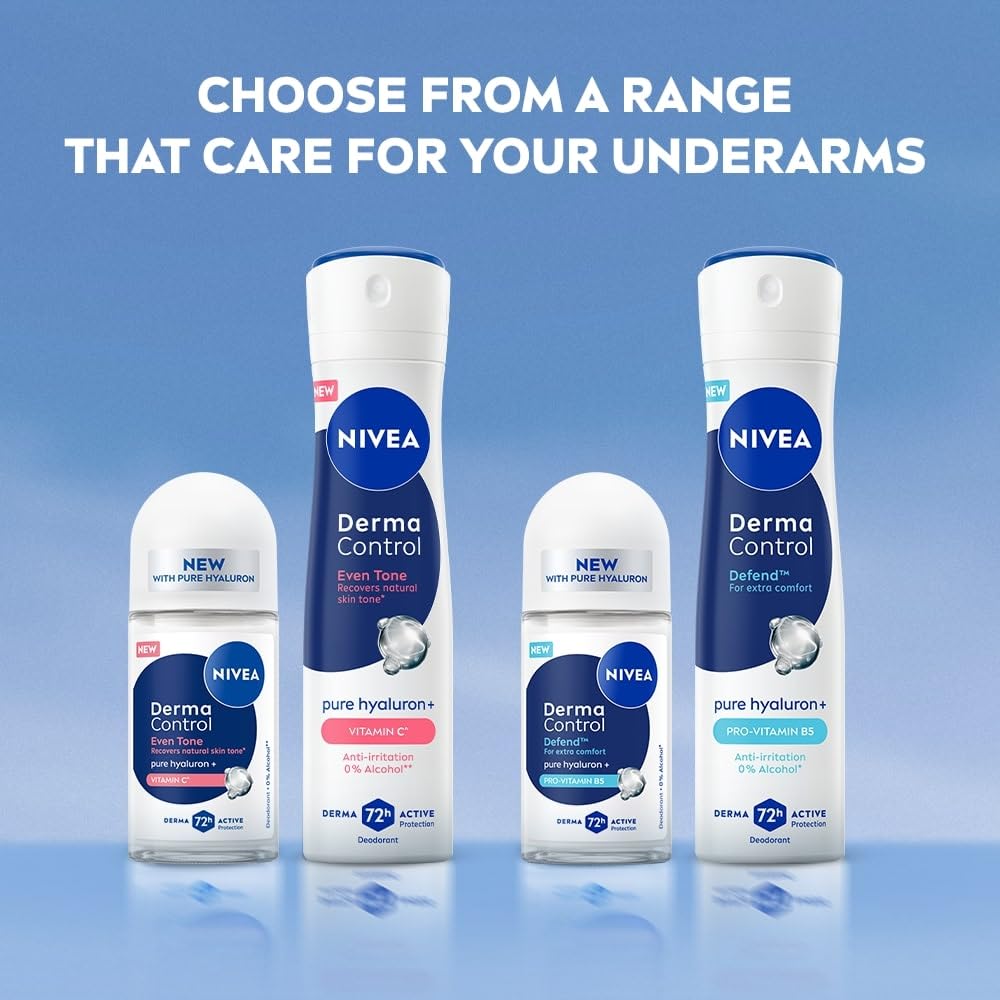 NIVEA Derma Control Defend Underarm Deo Roll-On for Women | Defends Against Irritation | 72H Derma Active Protection | With Pure Hyaluronic Acid & Pro-Vitamin B5 | 0% Alcohol | 50 ml