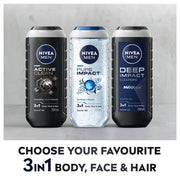 Nivea Men Body Wash, Deep Impact, 3 In 1 Shower Gel For Body, Face & Hair, With Microfine Clay, 250ml