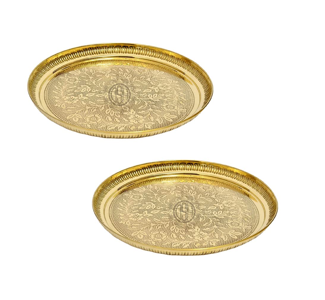 DSH Pure Brass Pooja Thali Plate Flower Embossed Design For Home Office And Diwali Puja Plate 5k (Set Of 2)