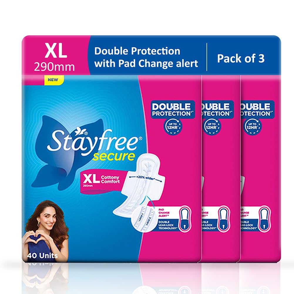 Stayfree Secure xl | Combo packs 120 Pads | Cottony Soft Sanitary Pads for Women | with Leak Lock Technology | Odour Control | Absorbs upto 100% Fluid | Up to 12 Hours of Protection