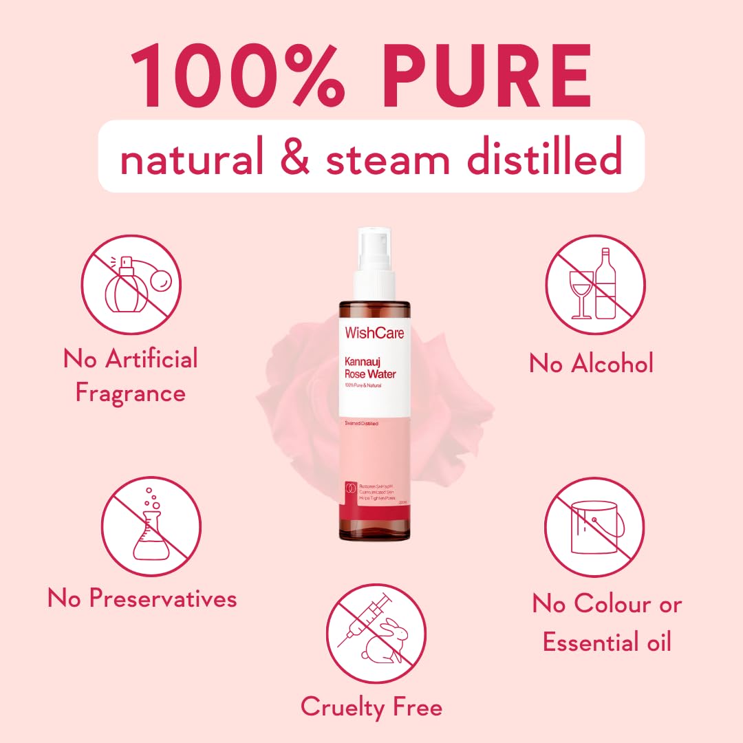 WishCare 100% Pure & Natural Rose Water For Face, Skin & Hair - Rose Water Toner for Glowing Skin - Free from Paraben & Alcohol 200ml
